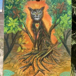 Cat tree spirit painting with leafy branches and root textures, symbolic healing artwork from the Art That Heals series