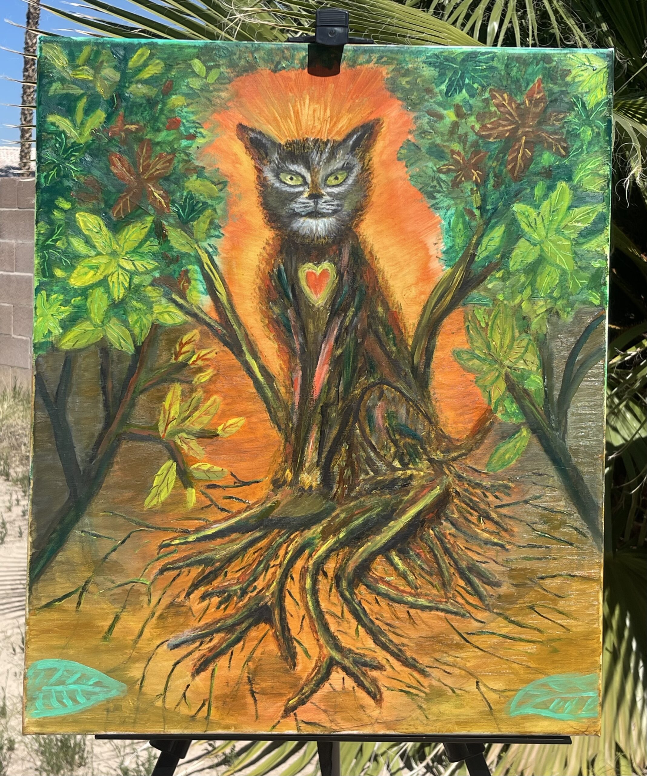 Cat tree spirit painting with leafy branches and root textures, symbolic healing artwork from the Art That Heals series