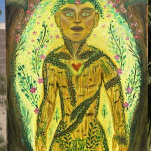 Boy tree spirit painting with roots and branches forming a human figure, symbolic healing artwork from the Art That Heals series