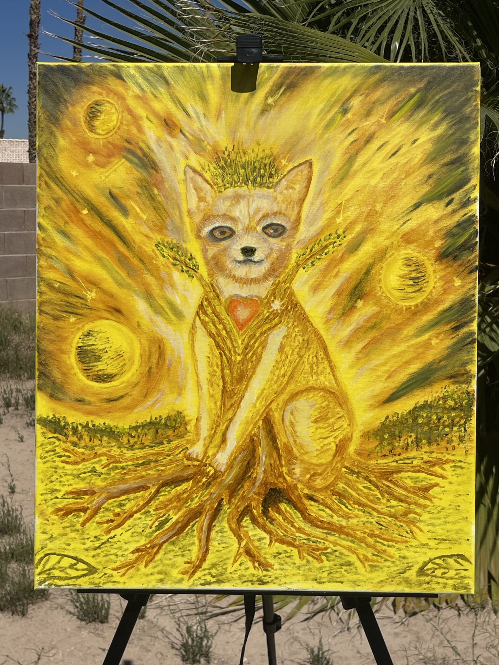 Chihuahua tree spirit painting with roots and branches, symbolic healing artwork from the Art That Heals series