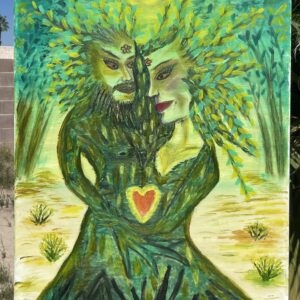 Couple tree spirit painting with two figures merging into branches and roots, symbolic healing artwork about connection from the Art That Heals series