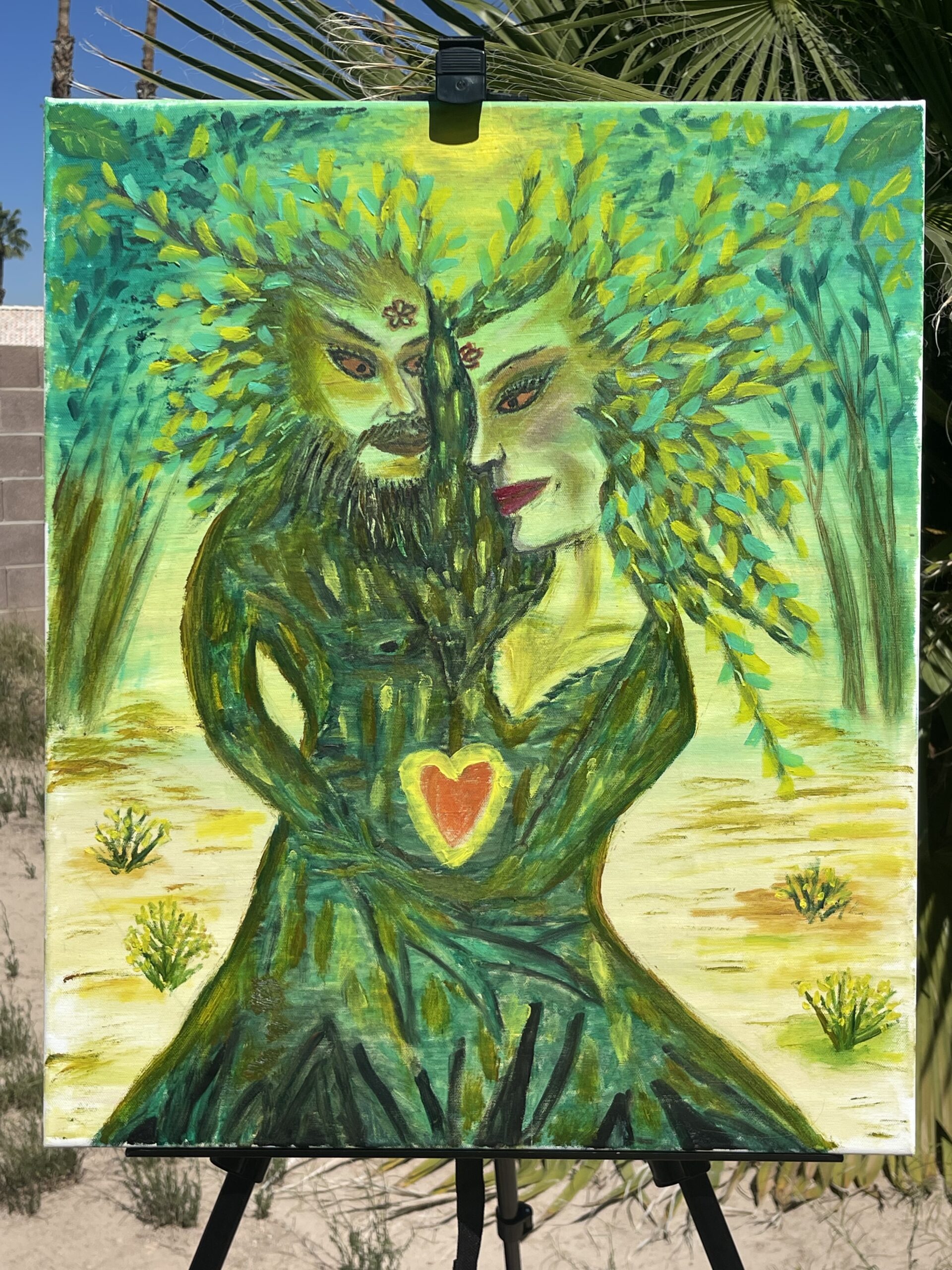 Couple tree spirit painting with two figures merging into branches and roots, symbolic healing artwork about connection from the Art That Heals series