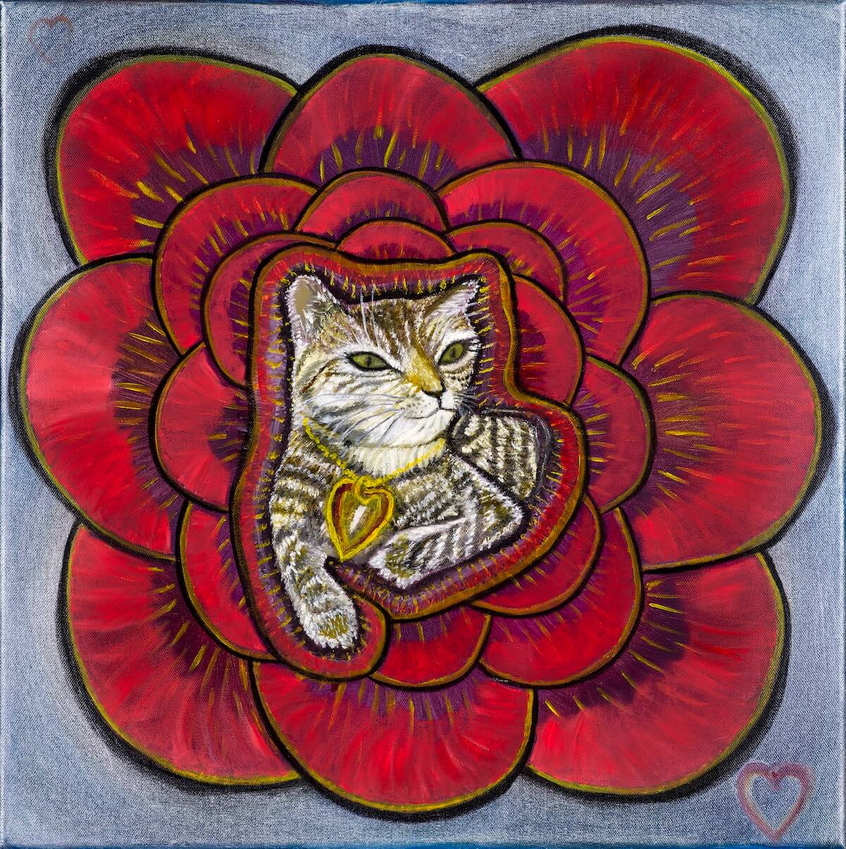 “Original painting of a cat inside a red flower artwork, mental health healing art by High Stakes Mental Health Foundation