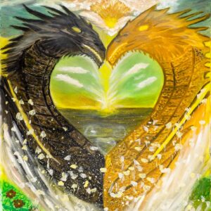 Symbolic painting of two opposing dragons forming a heart shape around a radiant horizon of light, original artwork by Raya Art.