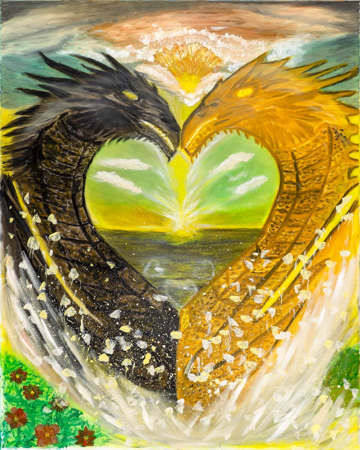 Symbolic painting of two opposing dragons forming a heart shape around a radiant horizon of light, original artwork by Raya Art.