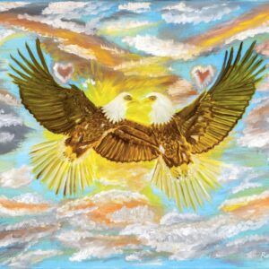 “Eagle painting artwork with two birds flying in the sky, symbolic mental health healing art by High Stakes Mental Health Foundation.”