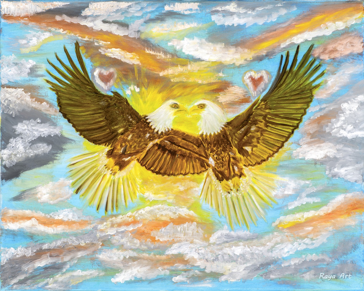 “Eagle painting artwork with two birds flying in the sky, symbolic mental health healing art by High Stakes Mental Health Foundation.”