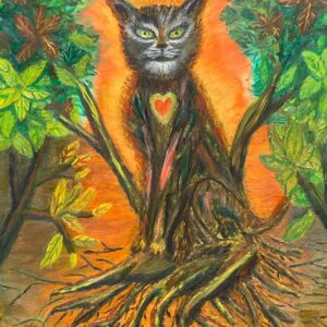 Cat tree spirit painting with leafy branches and root textures, symbolic healing artwork from the Art That Heals series