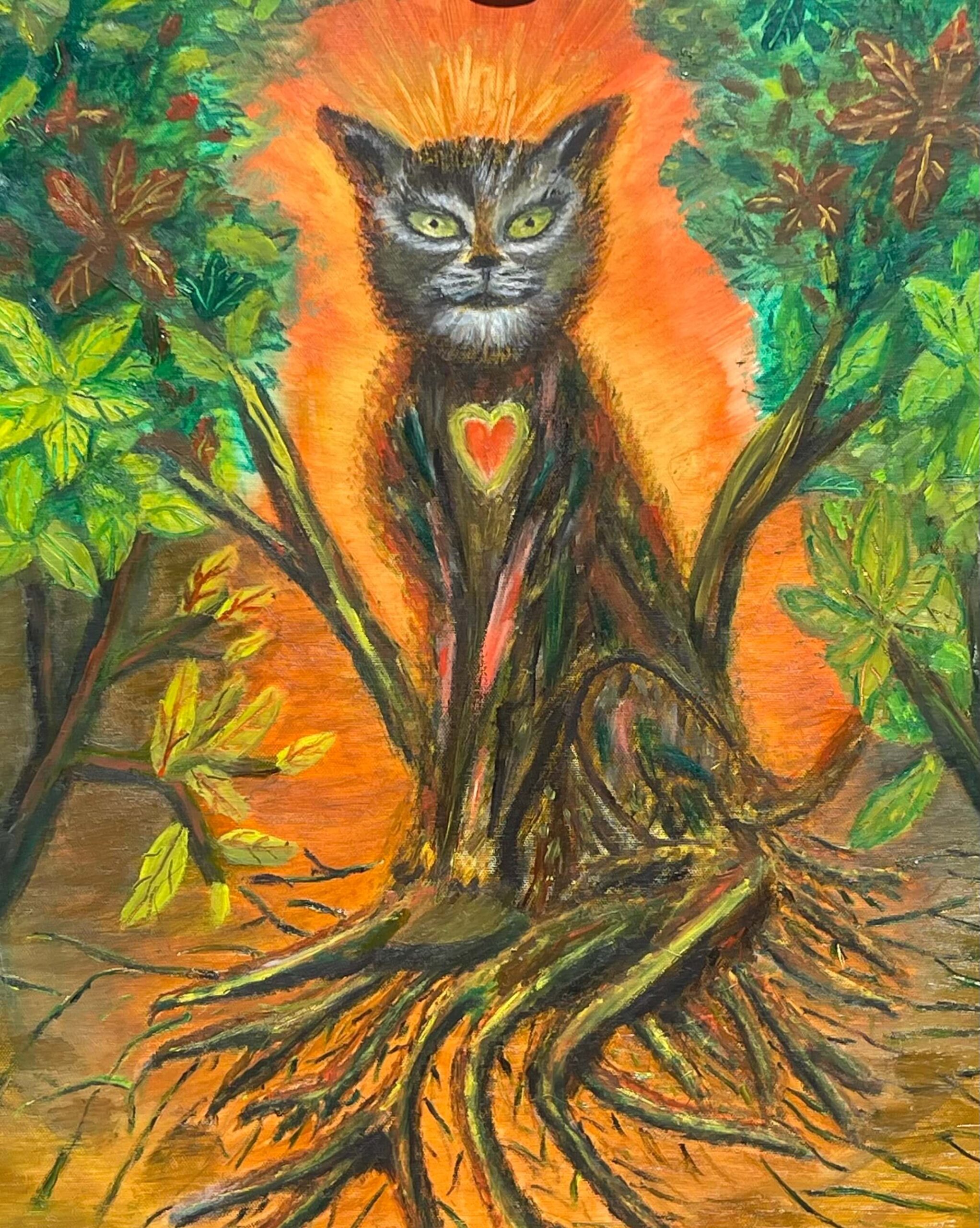 Cat tree spirit painting with leafy branches and root textures, symbolic healing artwork from the Art That Heals series