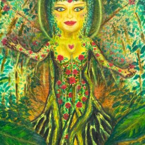 Female tree spirit painting with branches and roots forming a human figure, symbolic healing artwork from the Art That Heals series