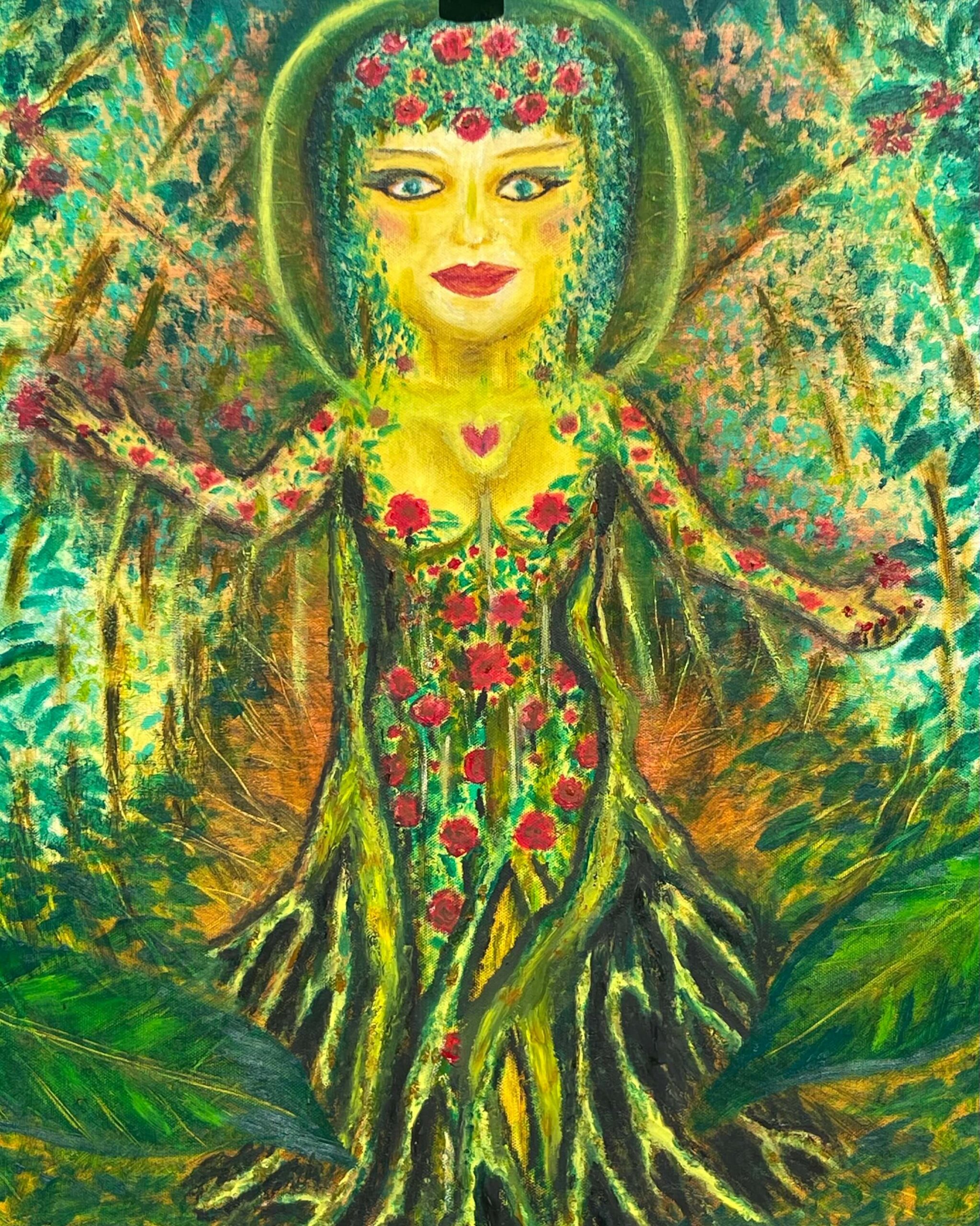 Female tree spirit painting with branches and roots forming a human figure, symbolic healing artwork from the Art That Heals series