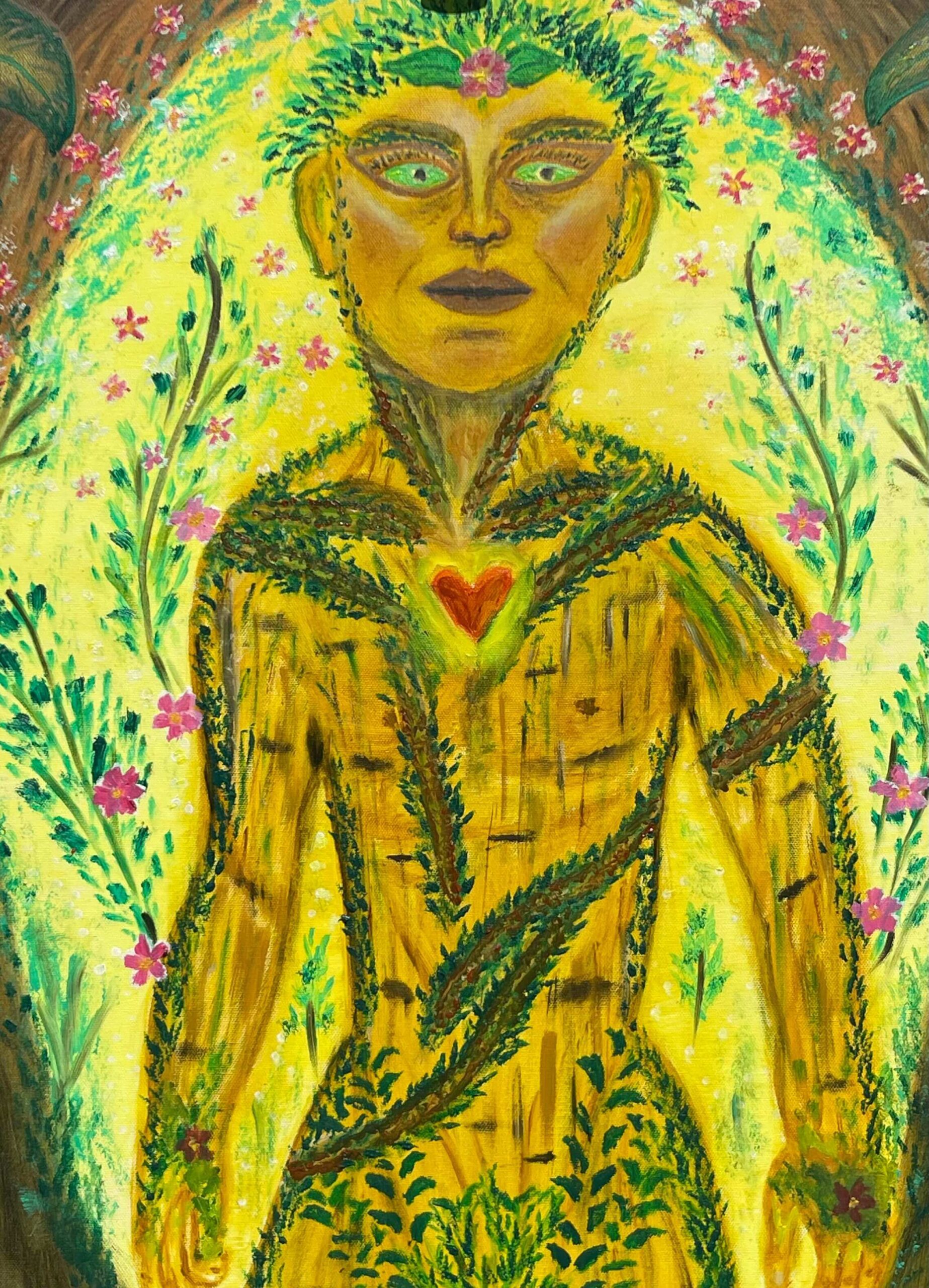 Boy tree spirit painting with roots and branches forming a human figure, symbolic healing artwork from the Art That Heals series