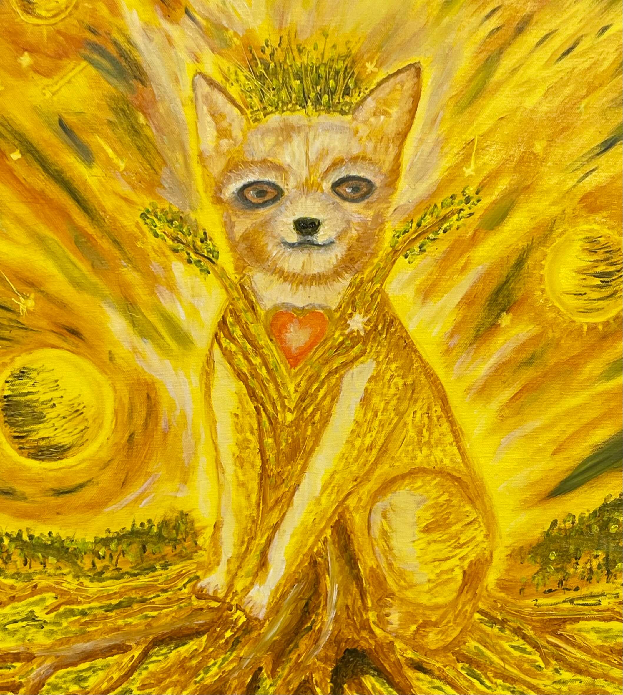 Chihuahua tree spirit painting with roots and branches, symbolic healing artwork from the Art That Heals series