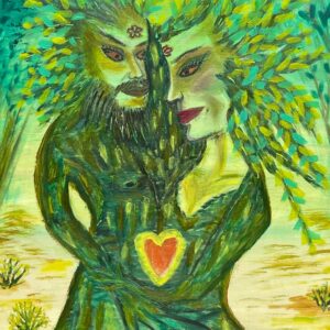 Couple tree spirit painting with two figures merging into branches and roots, symbolic healing artwork about connection from the Art That Heals series