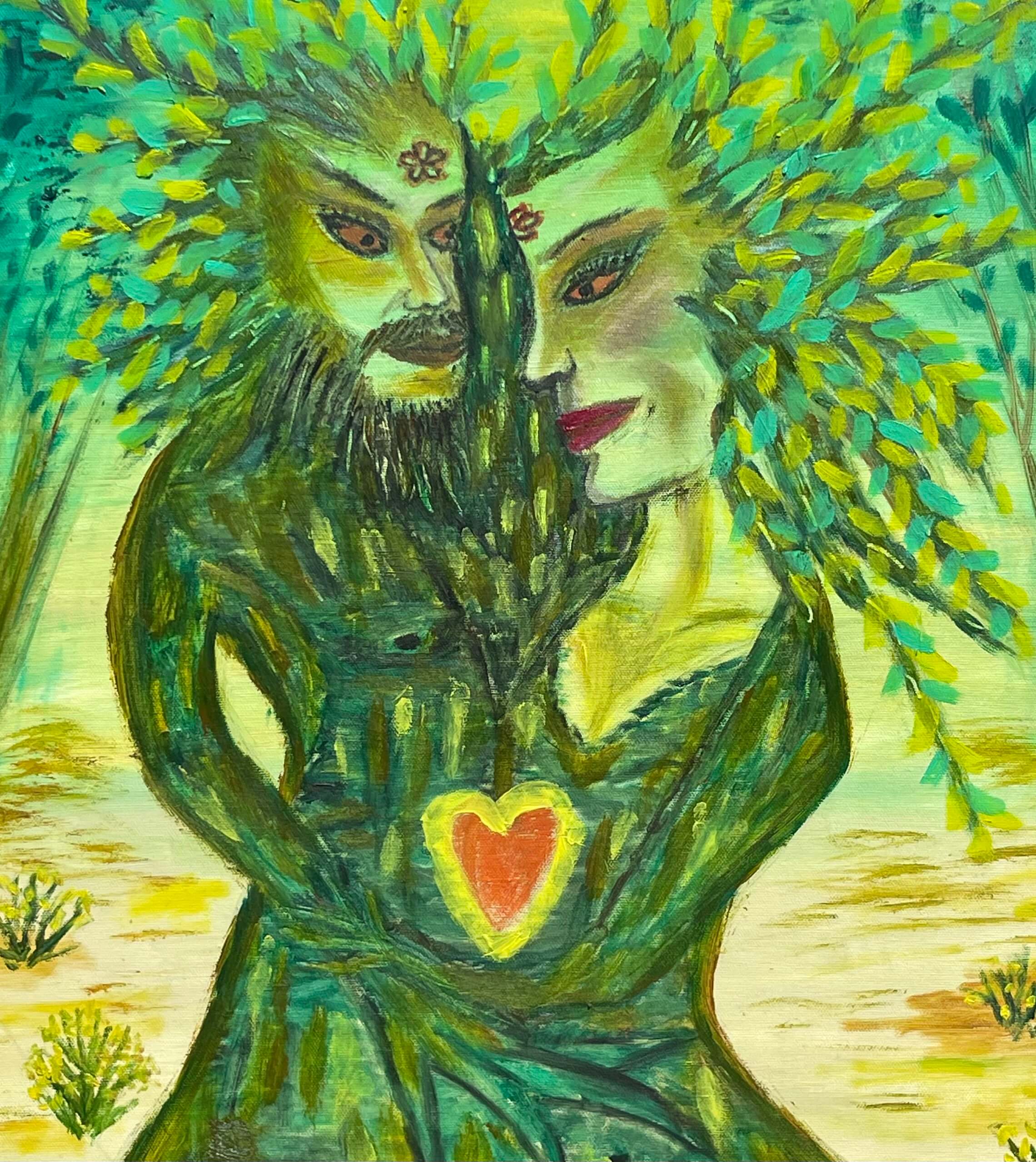 Couple tree spirit painting with two figures merging into branches and roots, symbolic healing artwork about connection from the Art That Heals series
