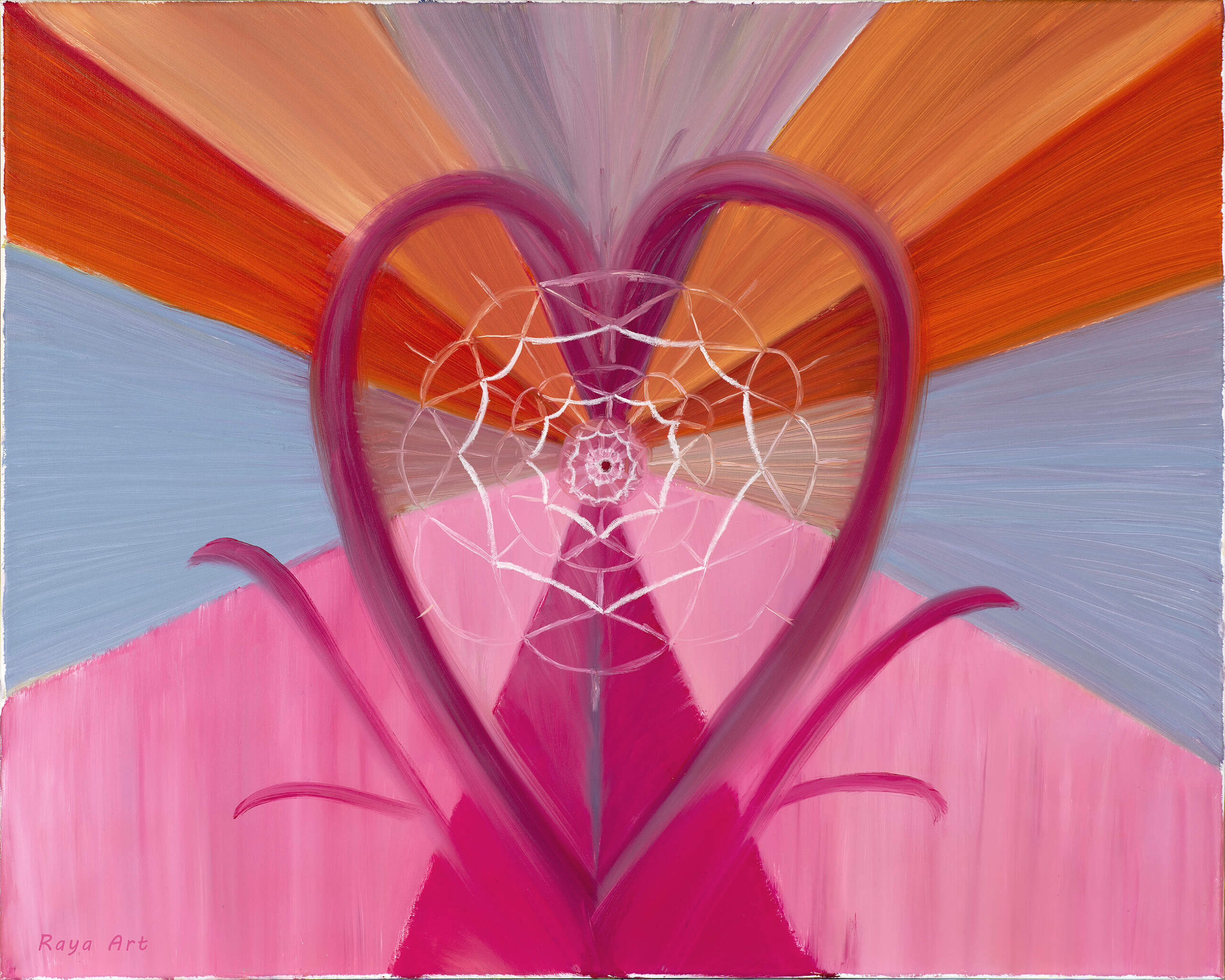 “Abstract heart painting with geometric web design and radiant colors, mental health healing art by High Stakes Mental Health Foundation.”
