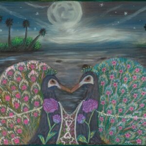 Two peacocks facing each other under a moonlit sky, detailed feather patterns forming a symmetrical, symbolic composition from the Art That Heals series