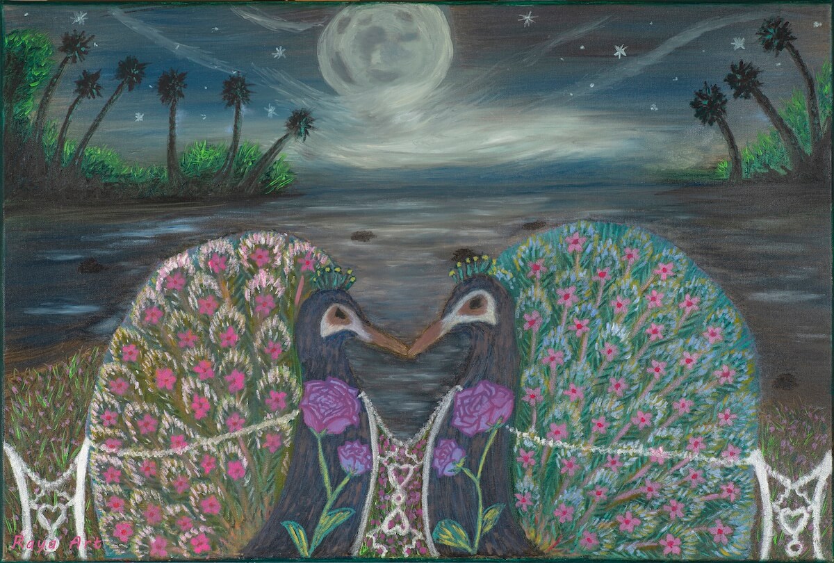 Two peacocks facing each other under a moonlit sky, detailed feather patterns forming a symmetrical, symbolic composition from the Art That Heals series