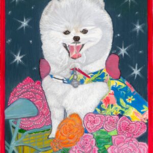 Whimsical portrait painting of a joyful white dog surrounded by roses and a starry night background, original artwork by Raya Art.