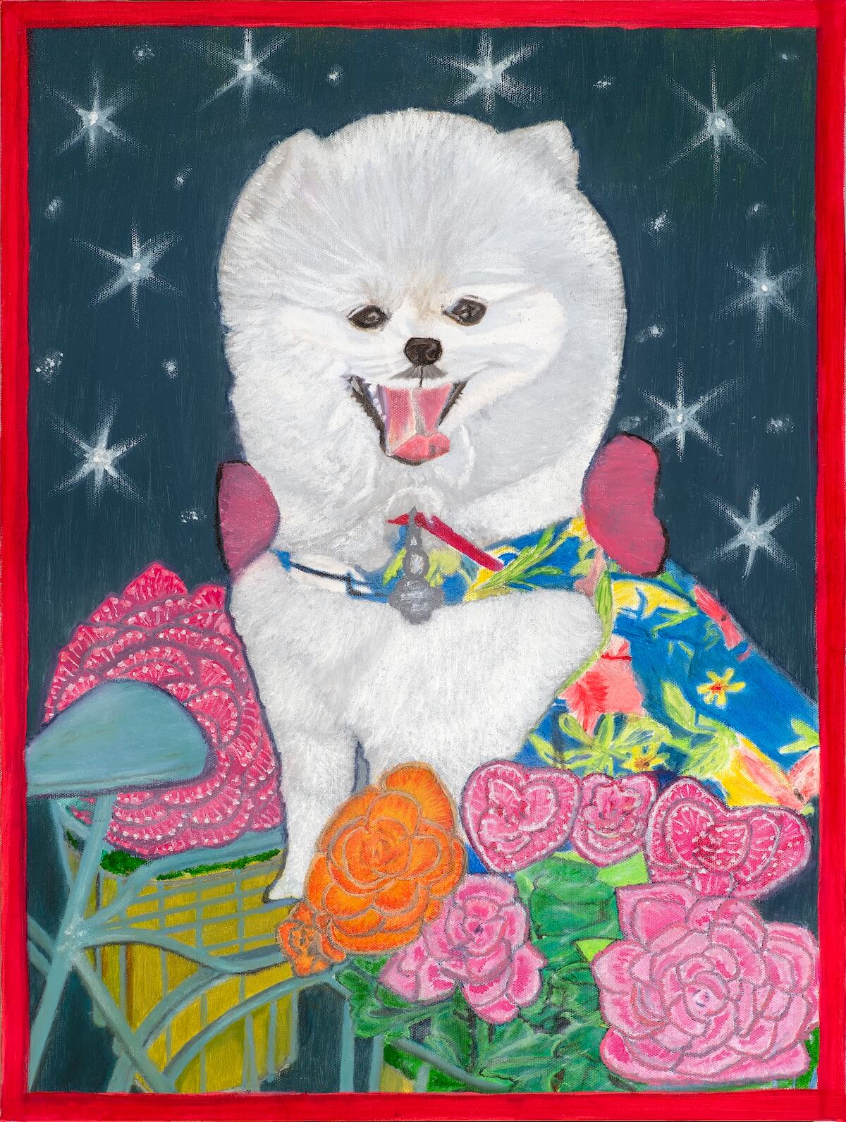 Whimsical portrait painting of a joyful white dog surrounded by roses and a starry night background, original artwork by Raya Art.