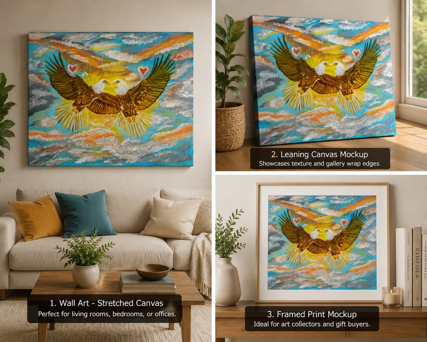 Mockup featuring Soaring Eagles of Love artwork displayed as a stretched canvas, leaning canvas, and framed wall print in modern home interiors.