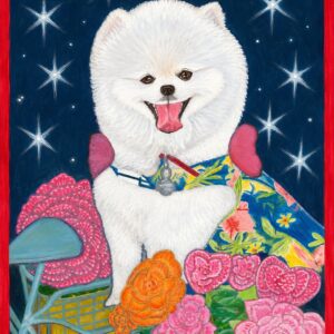 Happy white Pomeranian surrounded by colorful flowers beneath a dark blue starry sky