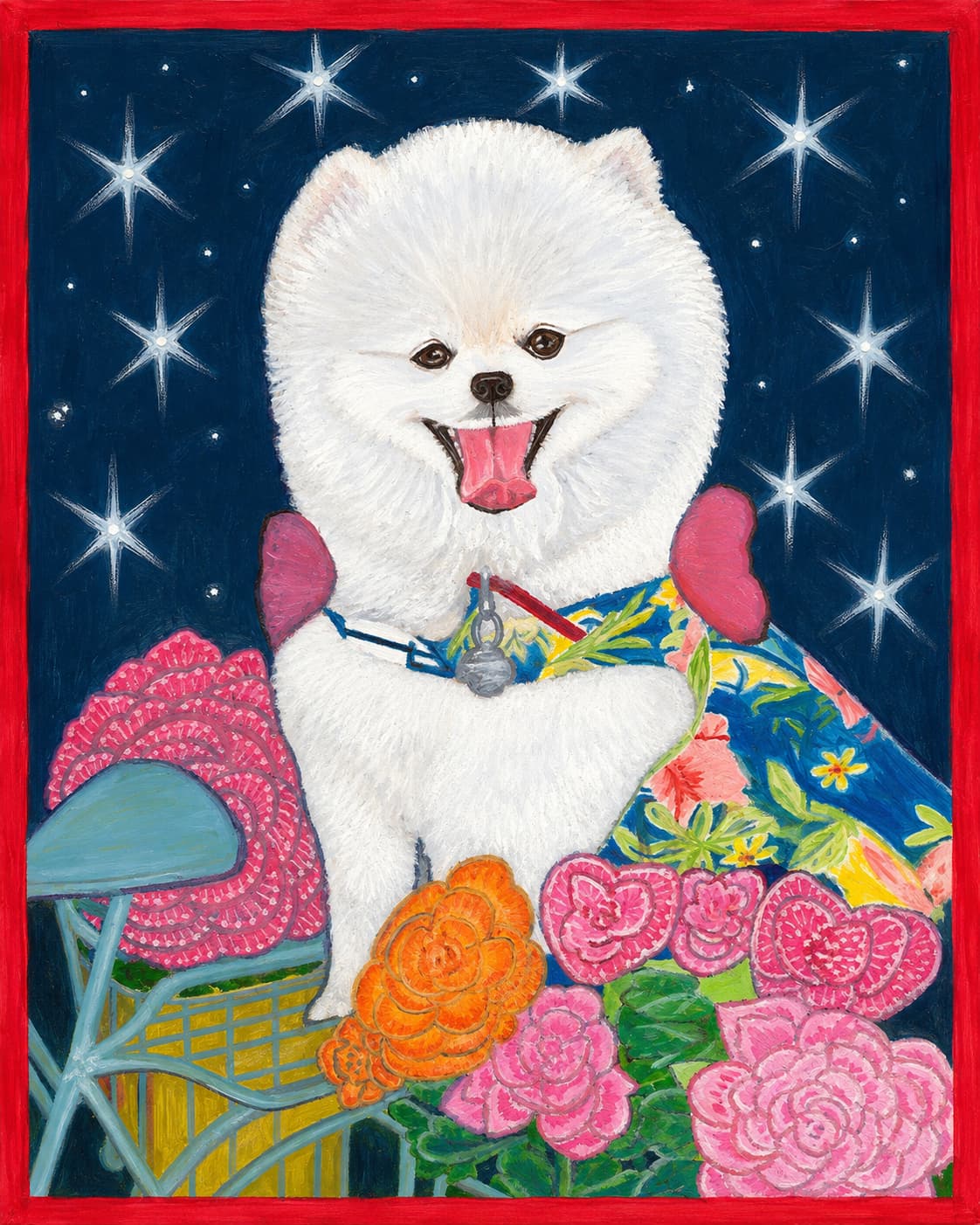 Happy white Pomeranian surrounded by colorful flowers beneath a dark blue starry sky