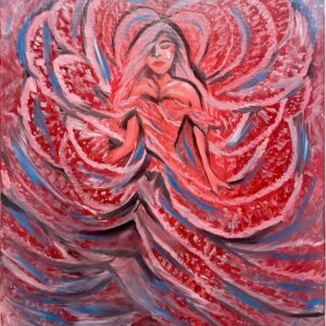 “Forgotten Tears” oil painting featuring a sorrowful feminine figure surrounded by swirling emotional textures in red, white, and blue tones.