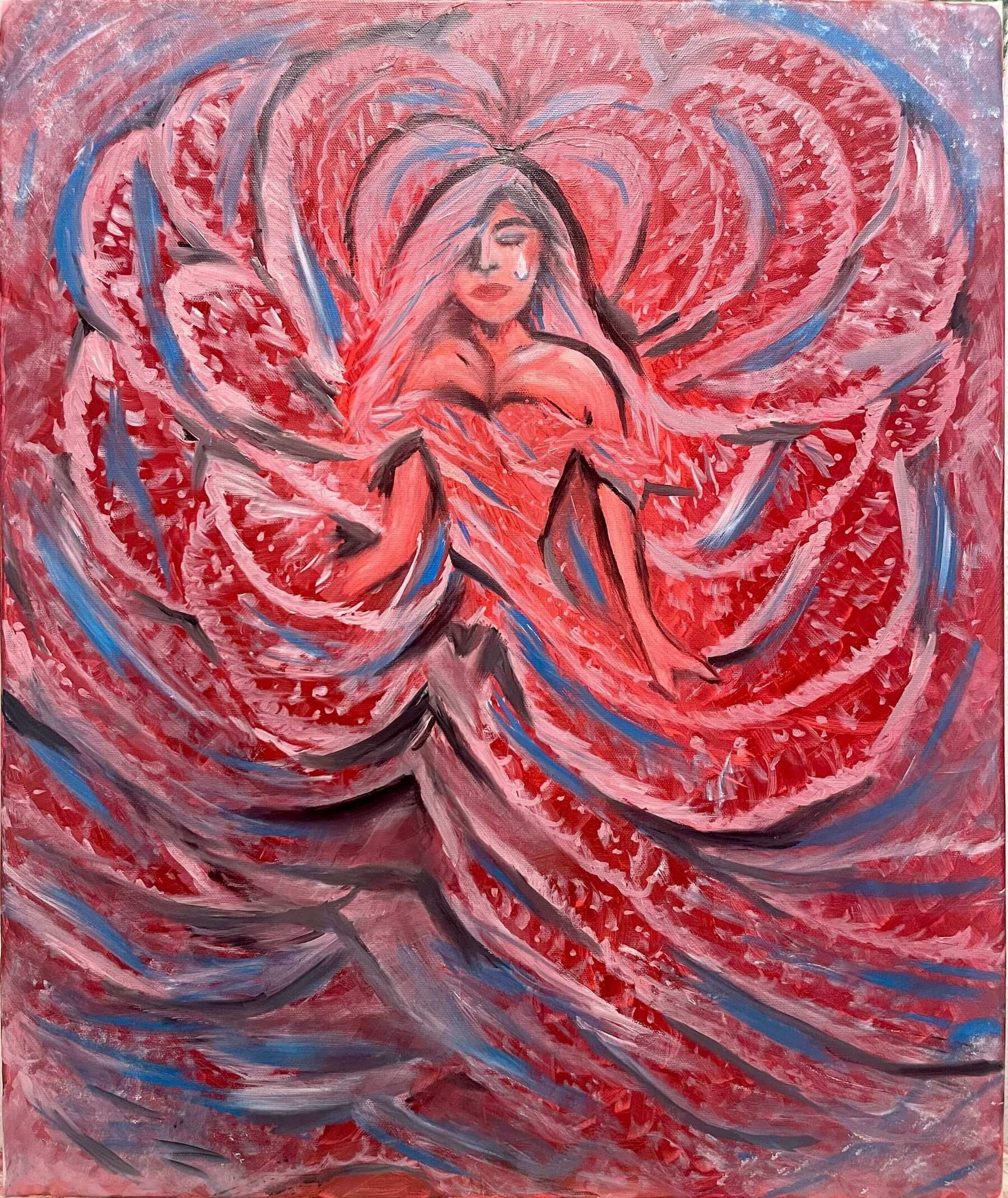 “Forgotten Tears” oil painting featuring a sorrowful feminine figure surrounded by swirling emotional textures in red, white, and blue tones.