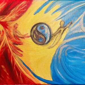 Abstract oil painting titled Motion Through Dimensions featuring flowing waves of red, blue, gold, black, and white energy spiraling across the canvas. Hidden eyes emerge within the layered movement, symbolizing awareness, consciousness, and the journey through emotional and spiritual dimensions. The painting blends chaos and harmony with cosmic motion and deep texture.