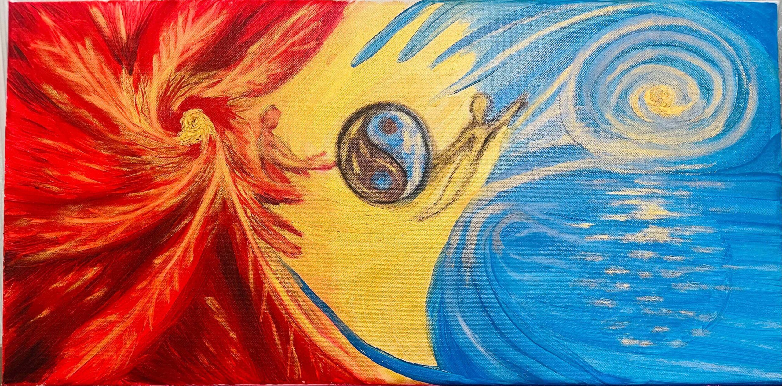 Abstract oil painting titled Motion Through Dimensions featuring flowing waves of red, blue, gold, black, and white energy spiraling across the canvas. Hidden eyes emerge within the layered movement, symbolizing awareness, consciousness, and the journey through emotional and spiritual dimensions. The painting blends chaos and harmony with cosmic motion and deep texture.