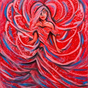 Woman with a single tear surrounded by flowing red, pink, blue, and gray abstract ribbons