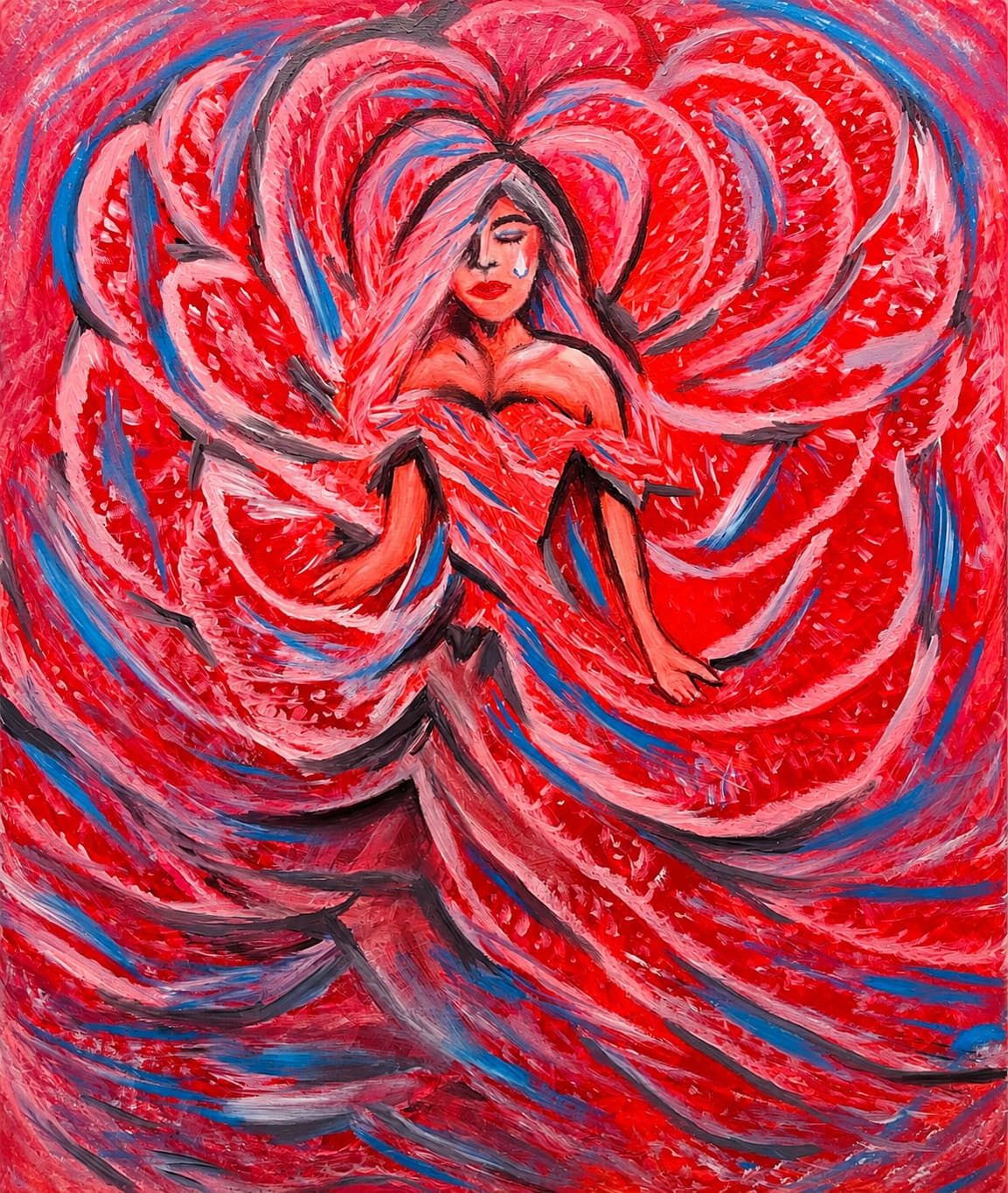 Woman with a single tear surrounded by flowing red, pink, blue, and gray abstract ribbons