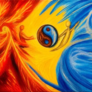 Abstract fire and water figures reaching toward a central yin-yang symbol
