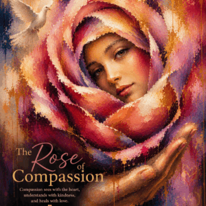 Abstract portrait of a woman emerging from a blooming rose, symbolizing compassion, kindness, empathy, and emotional healing.