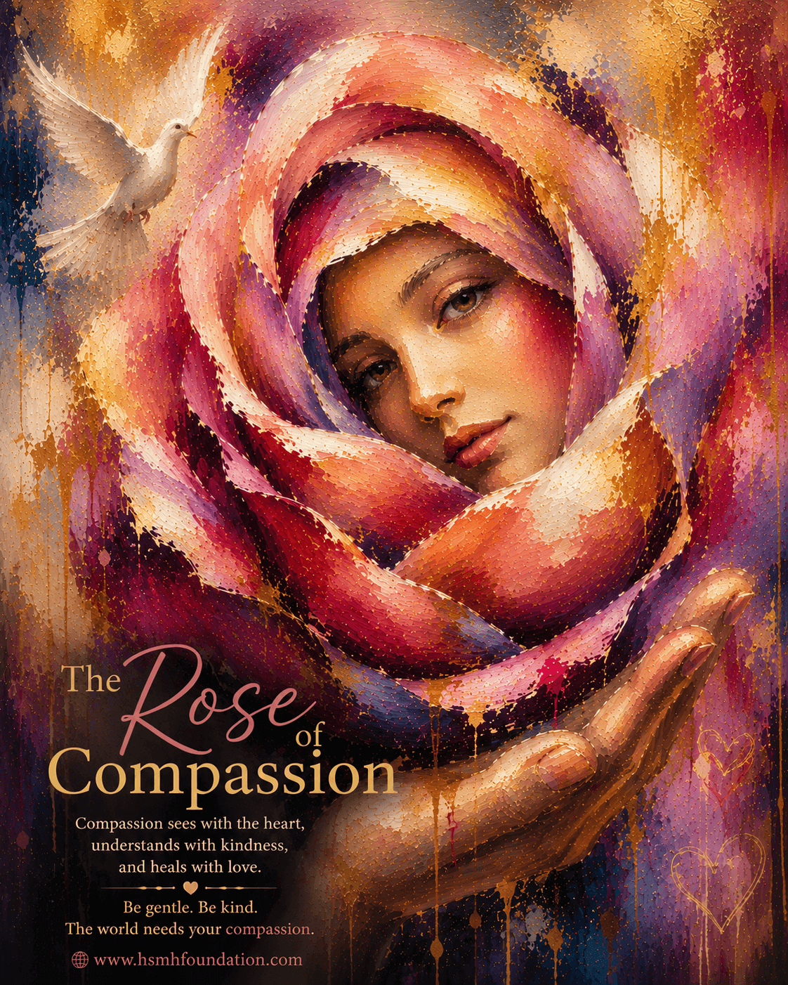 Abstract portrait of a woman emerging from a blooming rose, symbolizing compassion, kindness, empathy, and emotional healing.