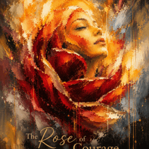 Abstract portrait of a woman emerging from a blooming rose, symbolizing courage, inner strength, healing, and perseverance.