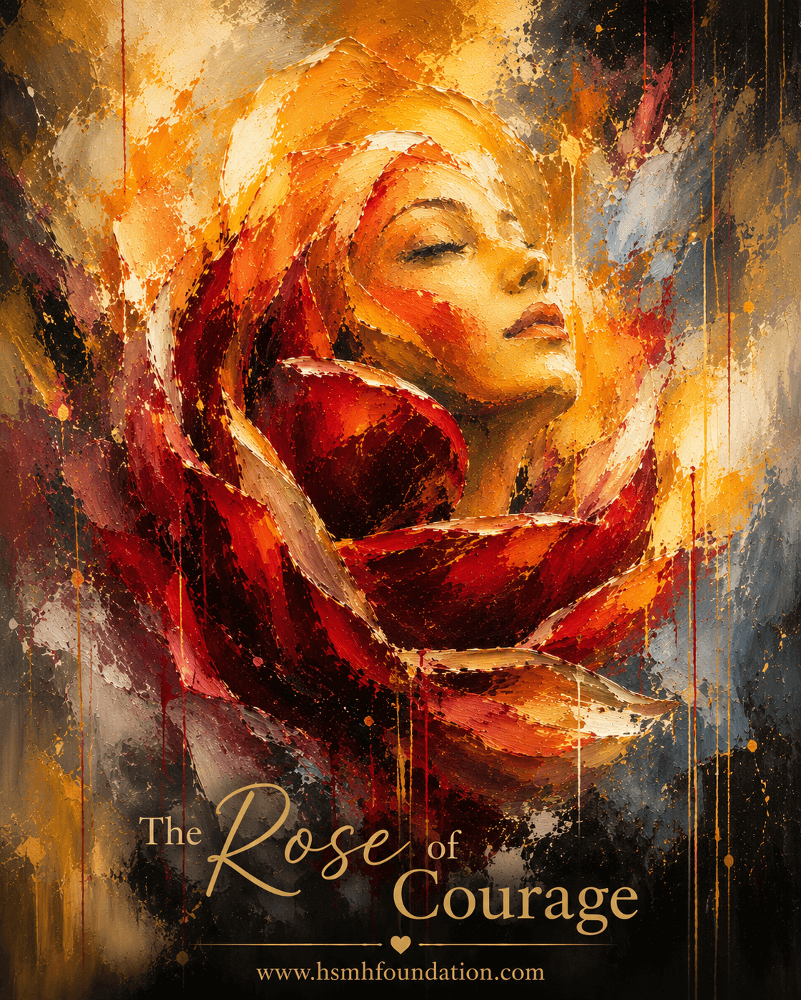 Abstract portrait of a woman emerging from a blooming rose, symbolizing courage, inner strength, healing, and perseverance.