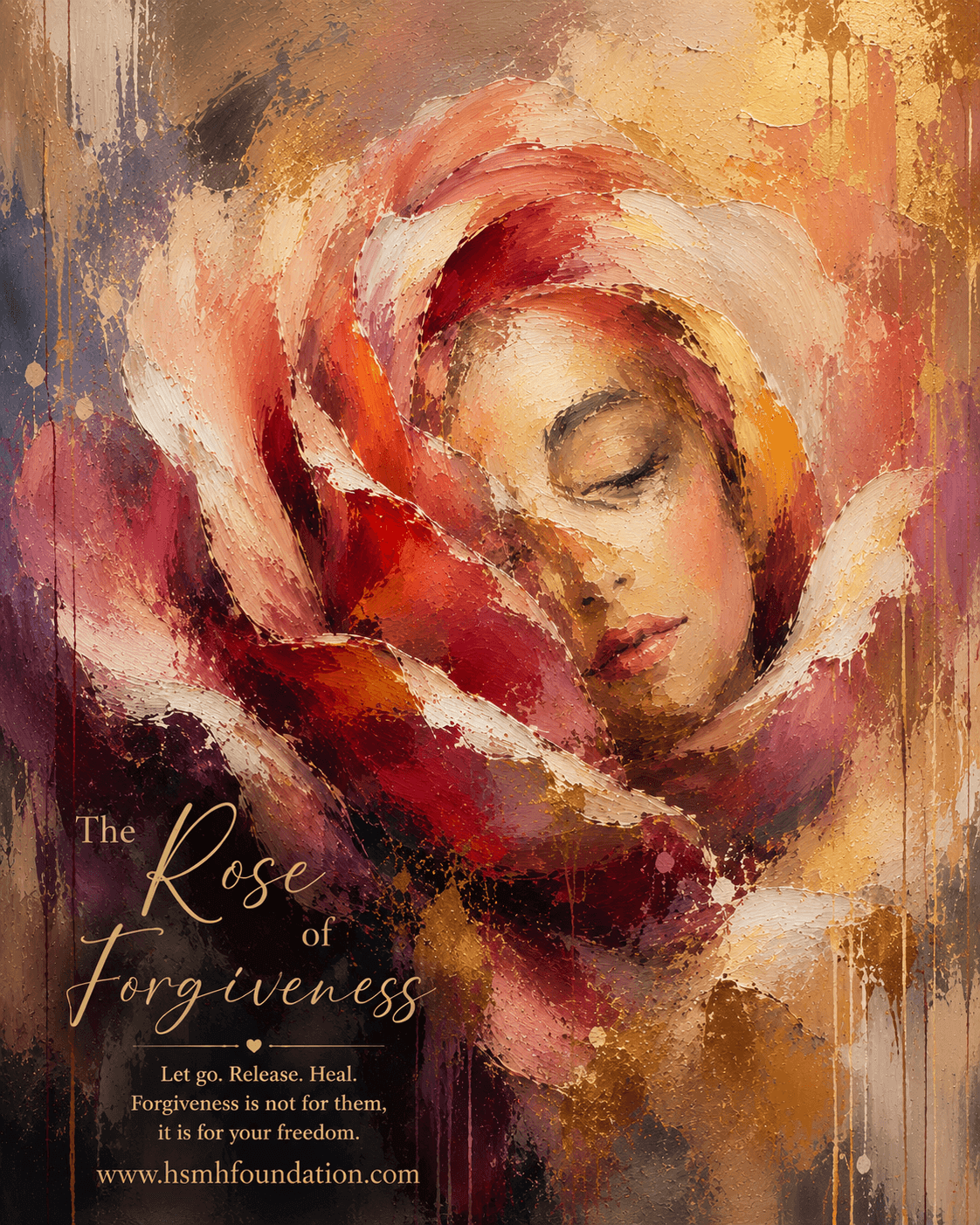 Abstract portrait of a woman emerging from a blooming rose, symbolizing forgiveness, emotional release, healing, and inner freedom.