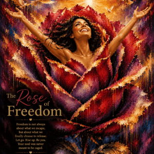 Joyful woman rising from a vibrant rose beneath golden light and flying birds, with a message about releasing what cages the soul and choosing freedom.