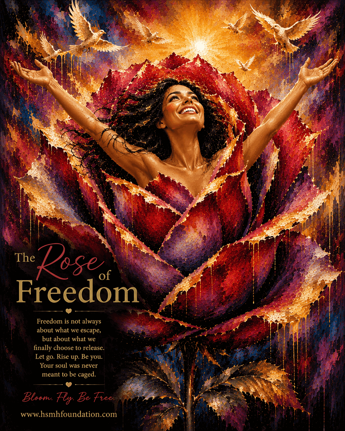 Joyful woman rising from a vibrant rose beneath golden light and flying birds, with a message about releasing what cages the soul and choosing freedom.