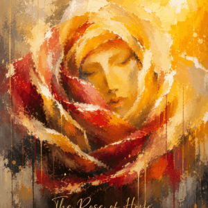 Abstract portrait of a woman emerging from a blooming rose, symbolizing hope, healing, renewal, and a brighter future.