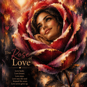 Abstract painting of a woman embraced by a blooming rose, symbolizing love, healing, compassion, and inner peace.