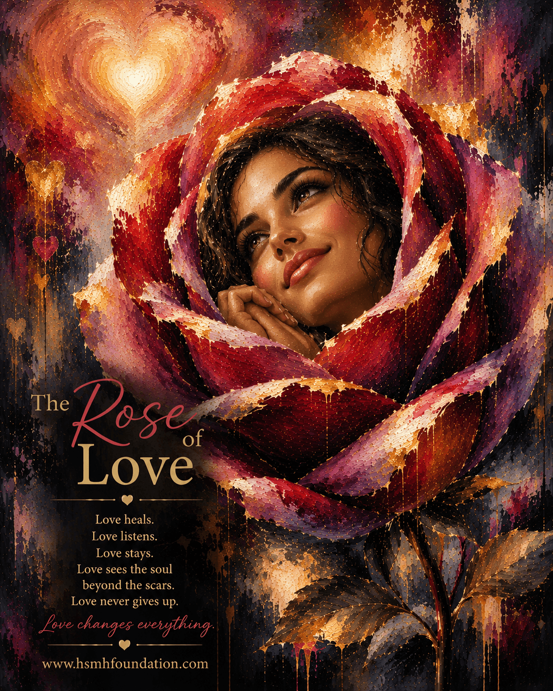 Abstract painting of a woman embraced by a blooming rose, symbolizing love, healing, compassion, and inner peace.