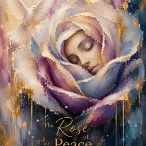 Abstract portrait of a woman emerging from a blooming rose, symbolizing peace, calm, healing, and emotional balance.