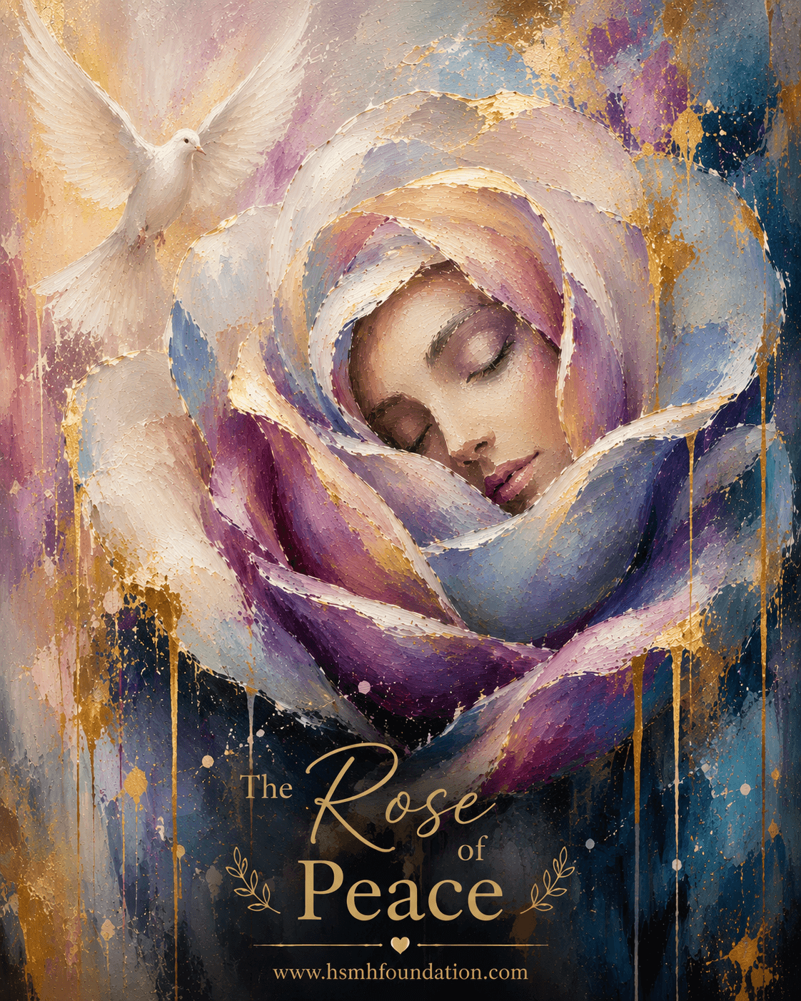 Abstract portrait of a woman emerging from a blooming rose, symbolizing peace, calm, healing, and emotional balance.