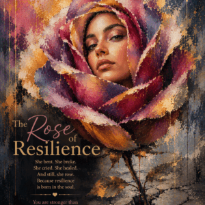 Abstract portrait of a woman emerging from a rose, symbolizing resilience, strength, healing, and perseverance.