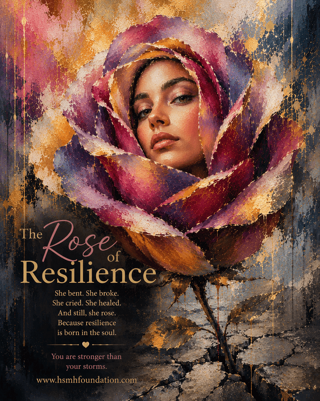 Abstract portrait of a woman emerging from a rose, symbolizing resilience, strength, healing, and perseverance.