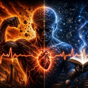 Abstract digital artwork of a man divided between fiery physical strength and a blue world of knowledge, with a glowing heart connecting body and mind.