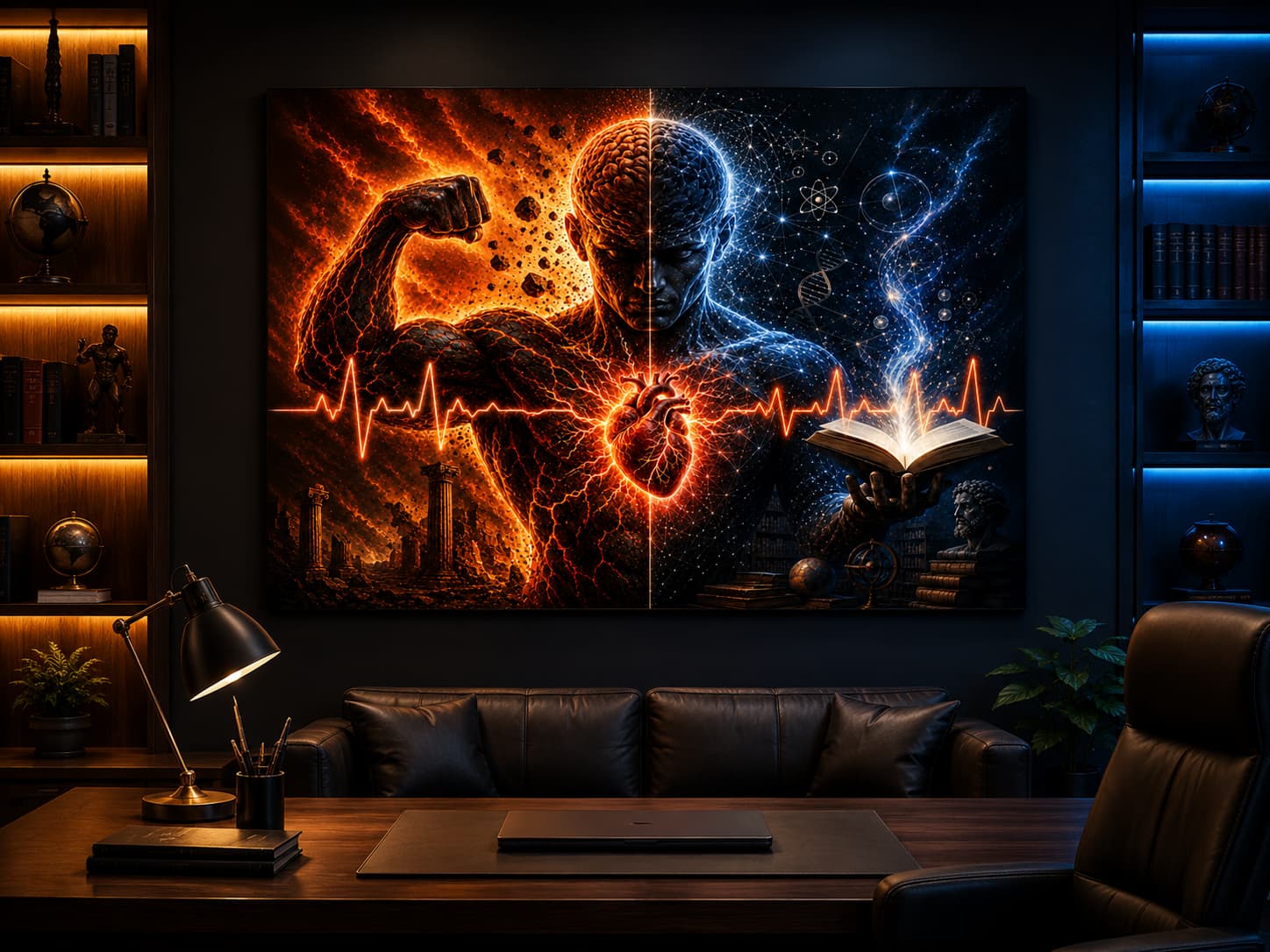 Large The Power Within stretched canvas displayed in a dark modern executive office